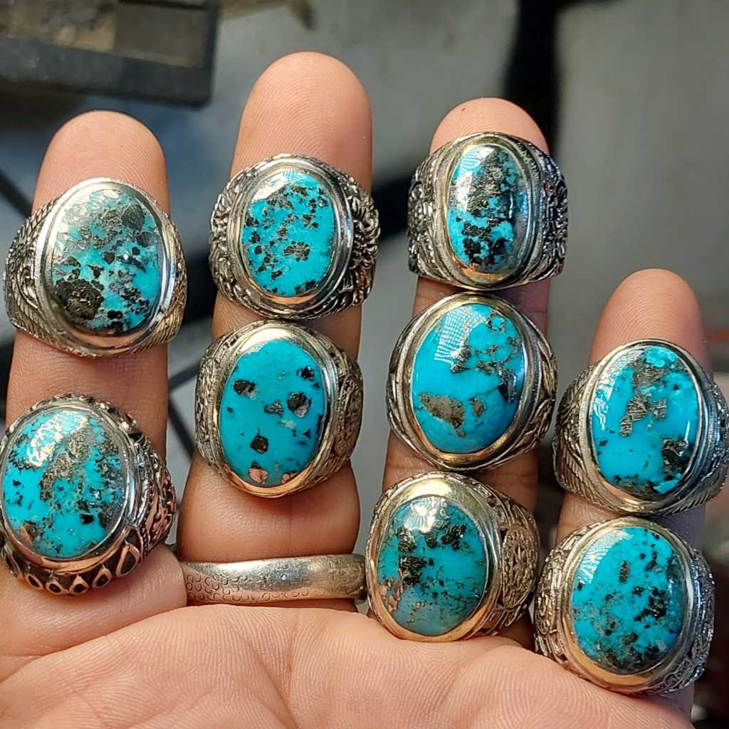 Cincin batu pirus persia biru badar perak