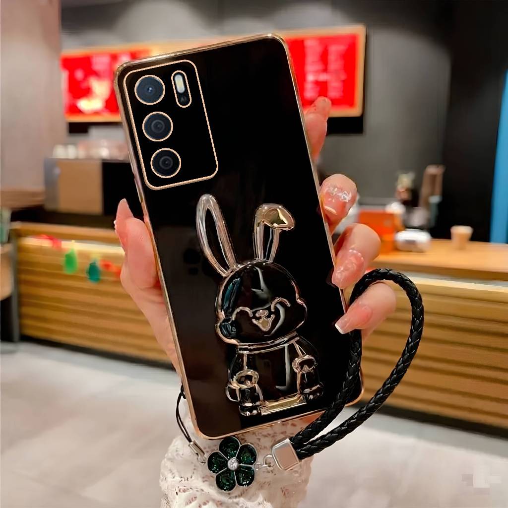 Soft Case Oppo A16 A54s Casing Elektro Plating Hollder Kelinci Free Tali Bunga Kepang