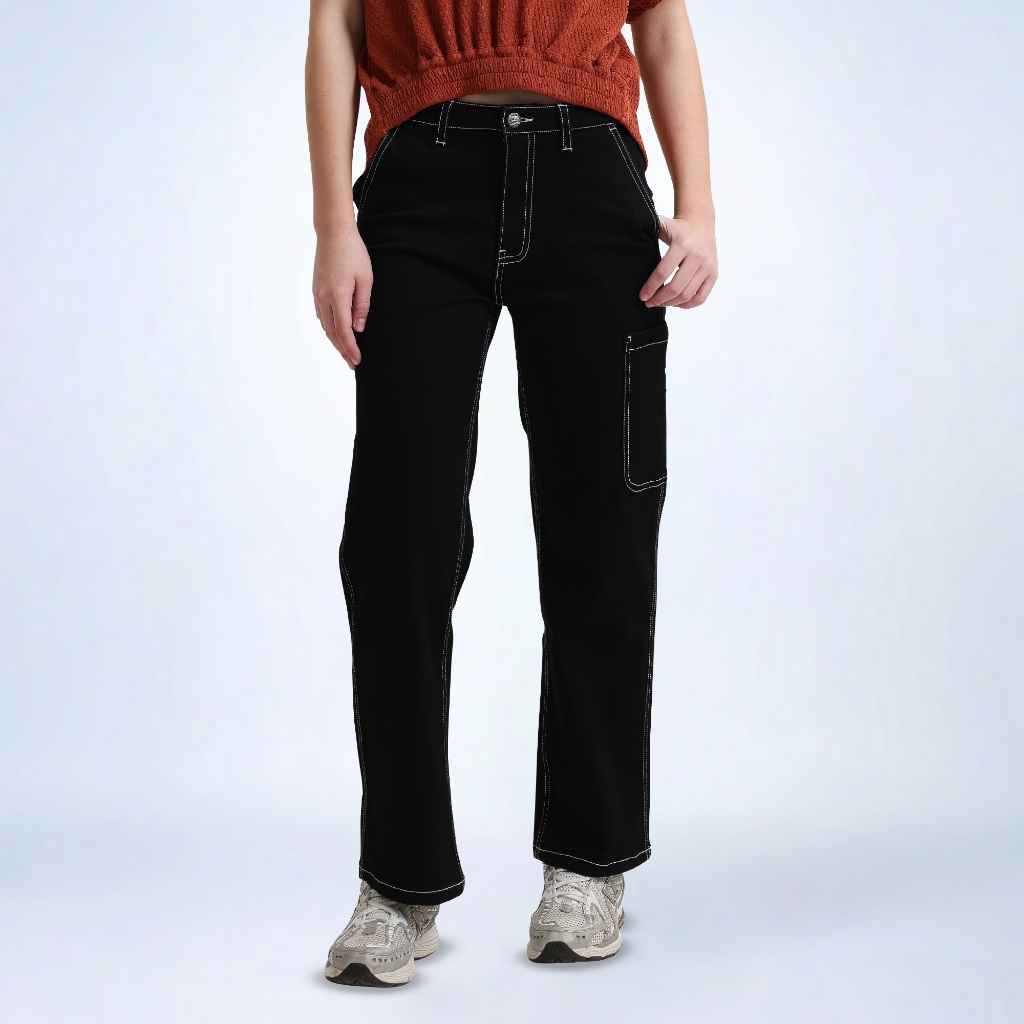 Emba Ladies - Evonie Celana Cargo Jeans Wanita Loose Fit Hitam