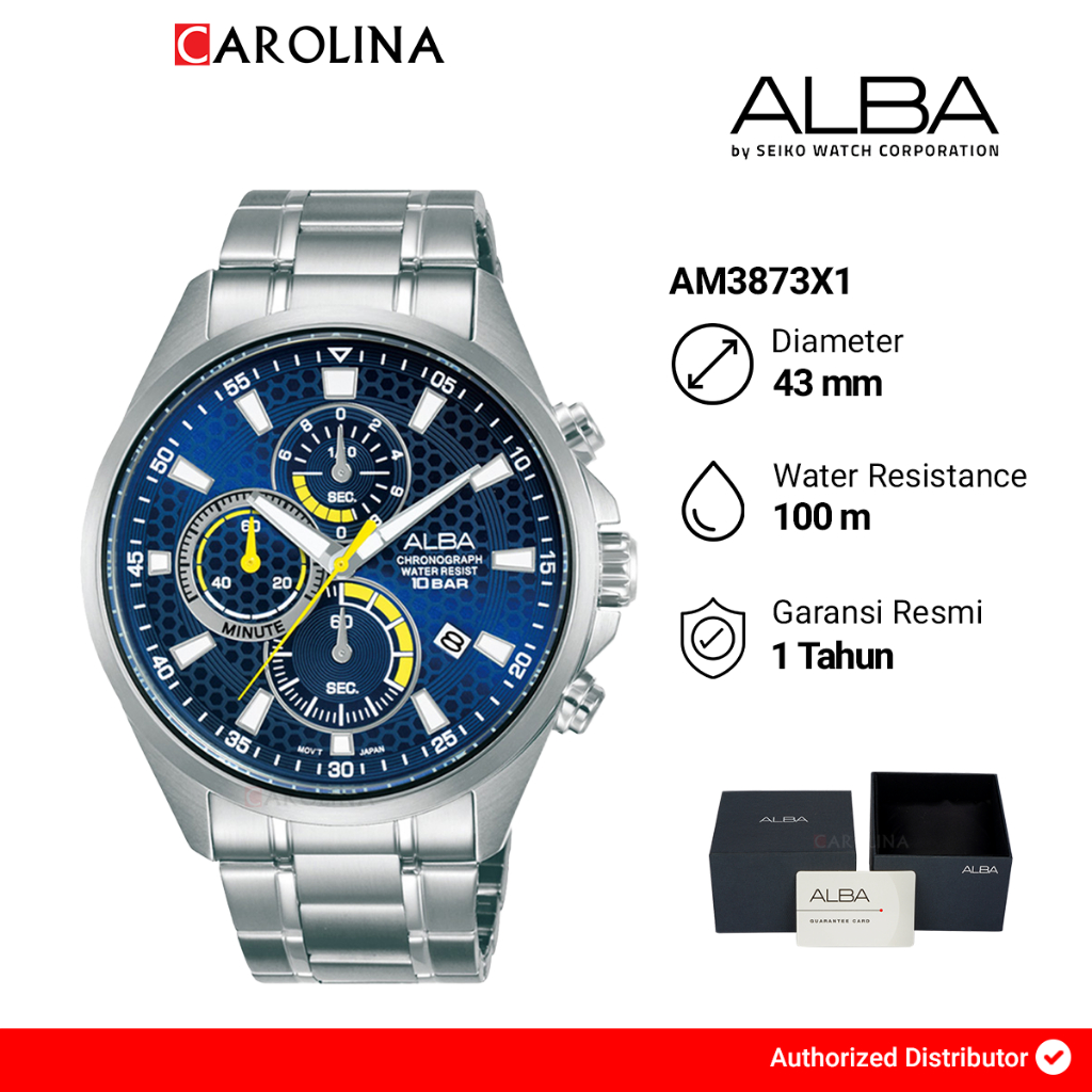 Jam Tangan Pria ALBA AM3873X1 Chronograph Blue Patterned Dial Stainless Steel Strap