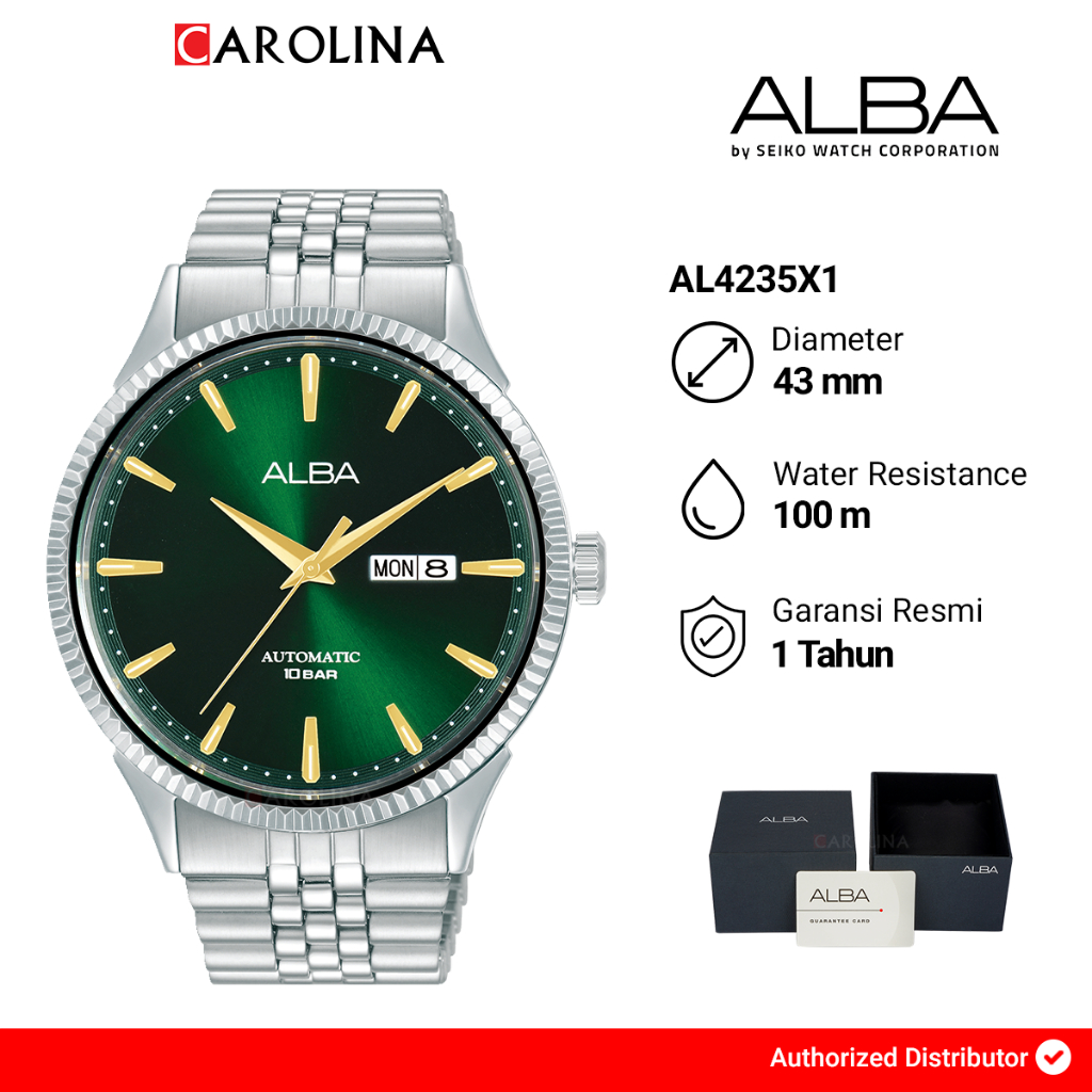 Jam Tangan Pria Alba Mechanical AL4235X1 Green Dial Stainless Steel Strap
