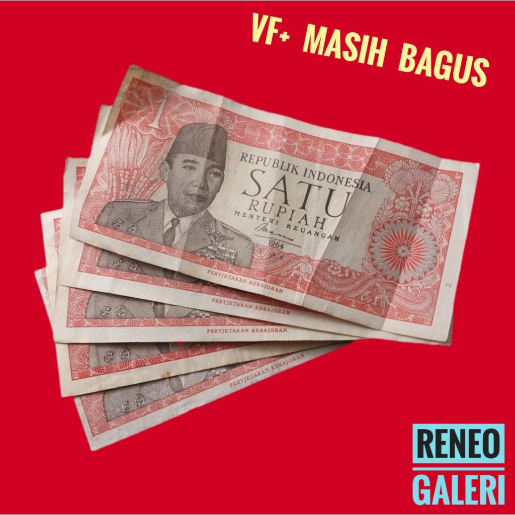 VF+ asli 1 Rupiah Seri Sukarno Tahun 1964 Rp presiden Soekarno uang kertas kuno Indonesia duit jadul