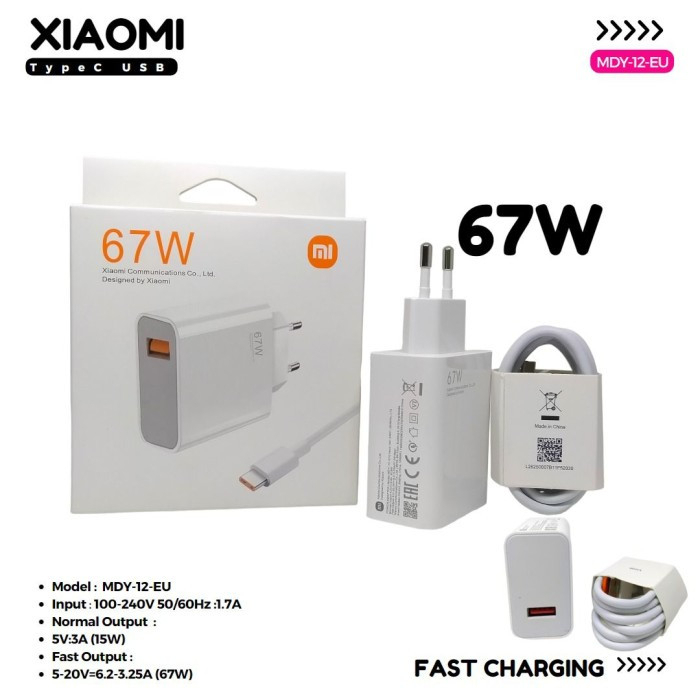 Charger Xiaomi MDY-12-EH 67W + Kabel Type C Fast Charging Portabel