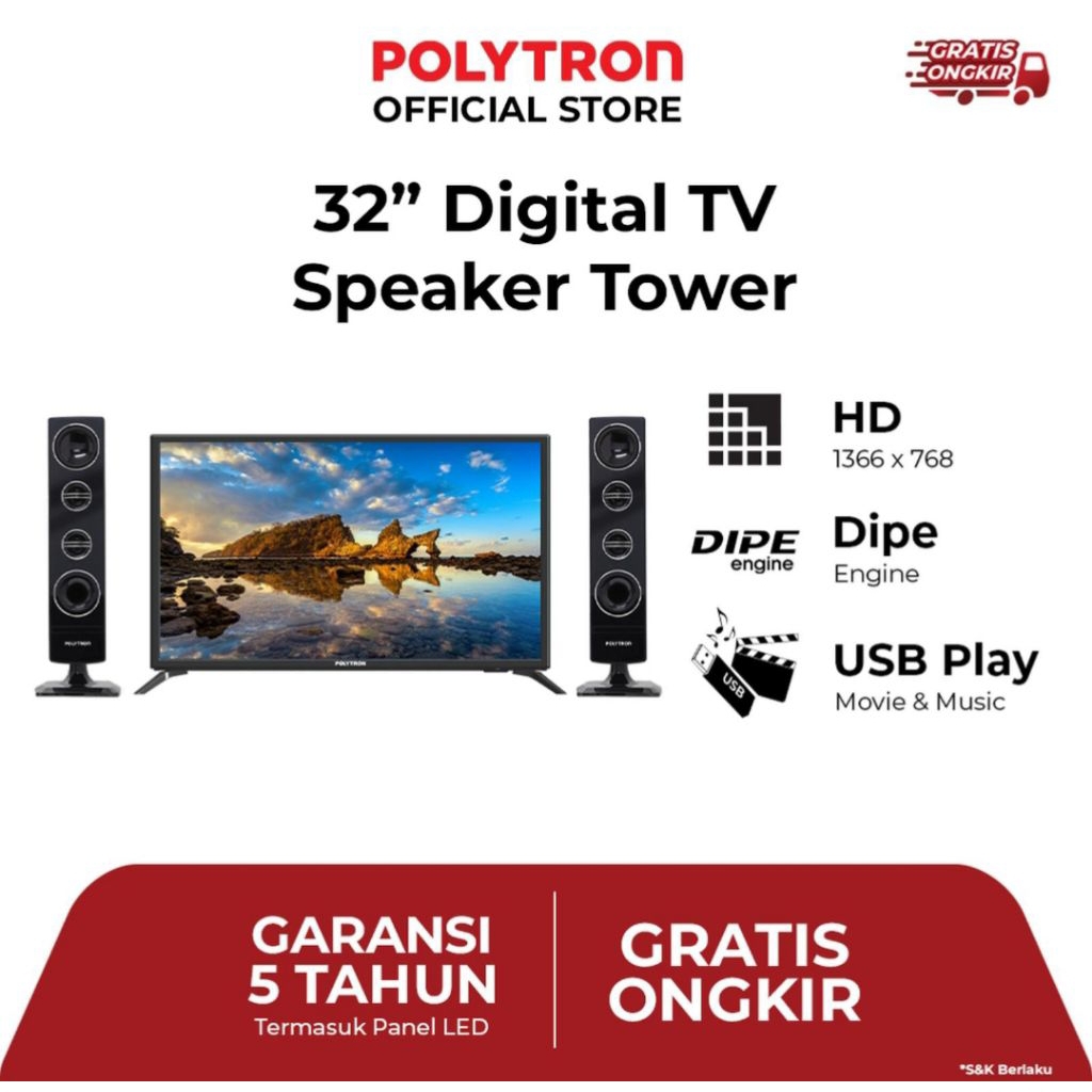 TV LED DIGITAL POLYTRON 32INCH + SPEAKER TOWER 32TV TV POLYTRON 32 INCH + SPEAKER TOWER KIRI KANAN 3