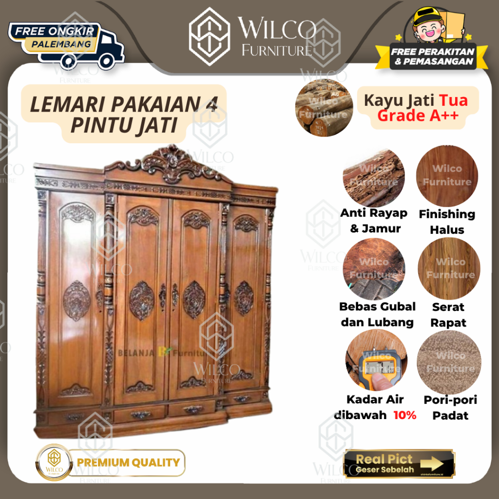 Lemari Pakaian 4 Pintu Jati | Lemari Baju Kayu Jati 4 Pintu