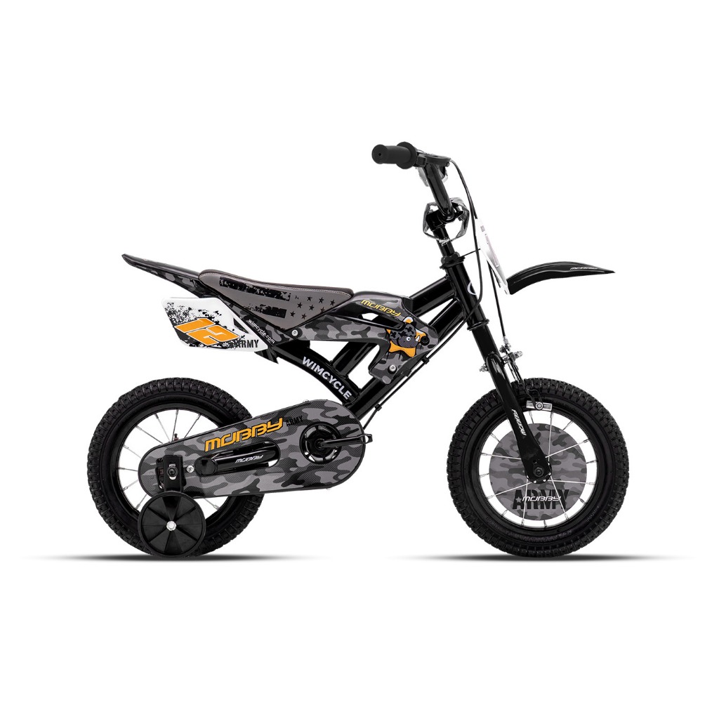 Sepeda Anak 12" Wimcycle BMX Mobby Army 12" – Usia 2-5 Tahun dengan Roda Bantu & Desain Motocross Ar