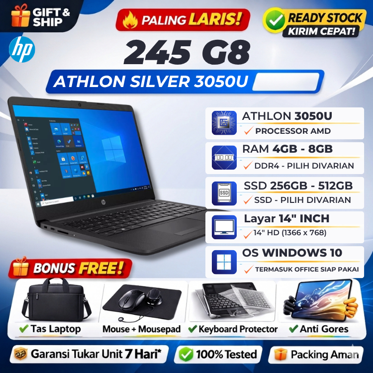 HP 245 G8 AMD ATHLON SILVER 3050U 8GB 512GB Win10+Office 14" INCH