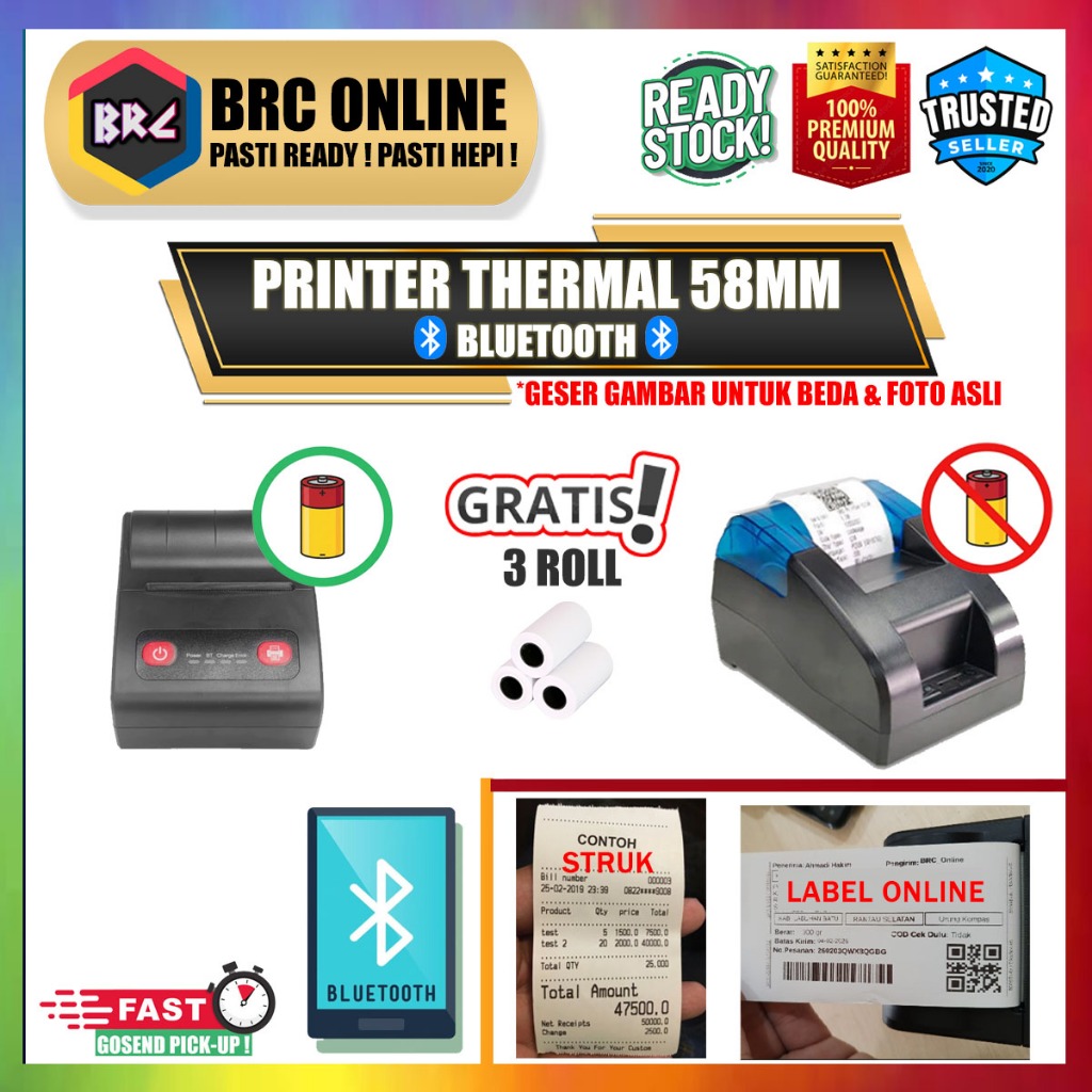 Printer Kasir Thermal Bluetooth 57mm 58mm Portable Baterai Struk Resi Brilink Cafe PPOB SPBU UMKM
