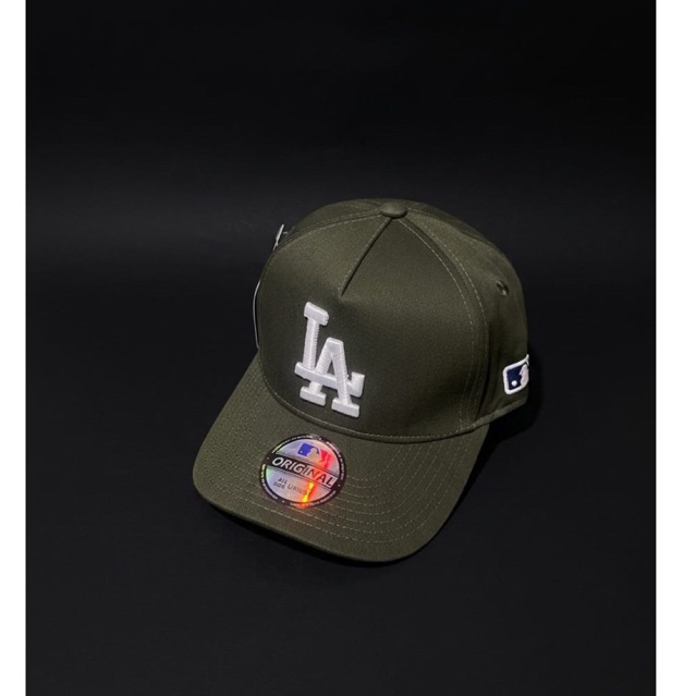 LA Logo Putih Bahan Hijau Army Topi MLB Kualitas Terbaik