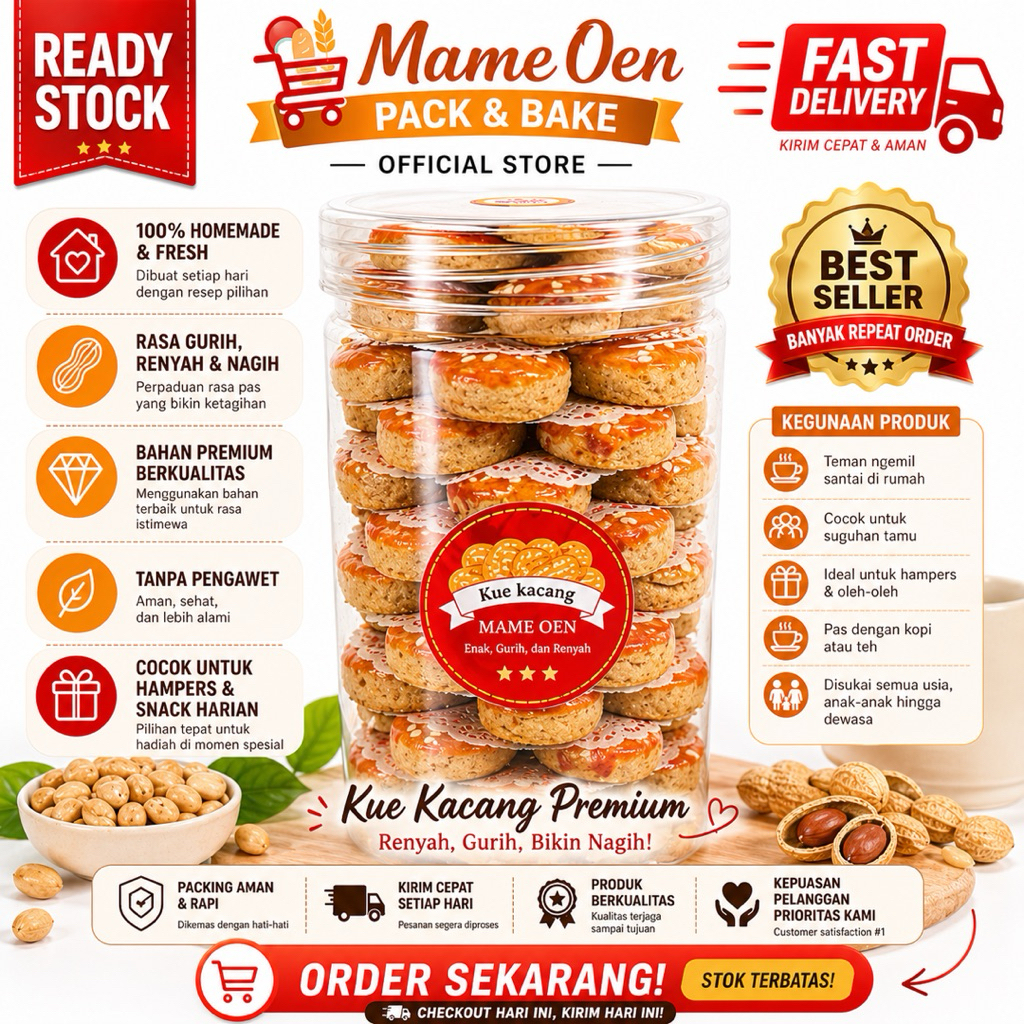 Saelaris_ Kue Kacang Mame Oen Fresh Homemade Kue Kering Lebaran Renyah Toples Tabung 500Ml 1000Ml