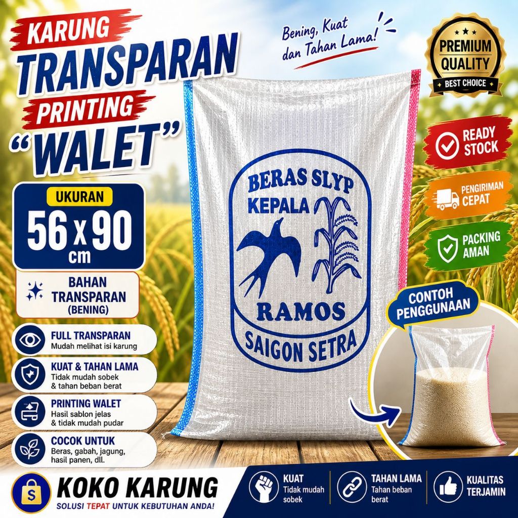 Karung Transparan Printing Motif Walet 50kg 56x90 cm | Karung Beras Plastik Tebal Anti Sobek | Karun