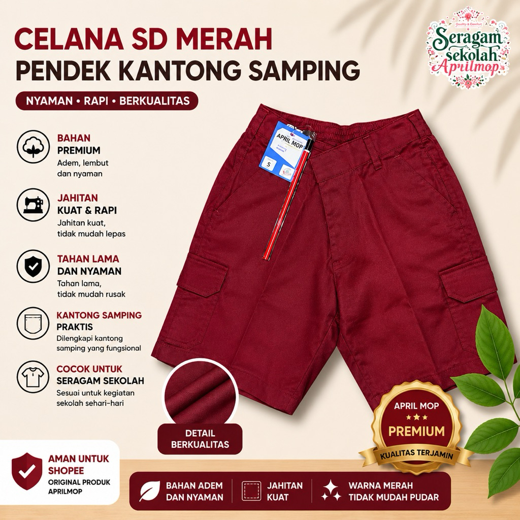 Celana SD Merah Pendek KANTONG SAMPING APRIL MOP Celana Sekolah Anak SD Merah Premium