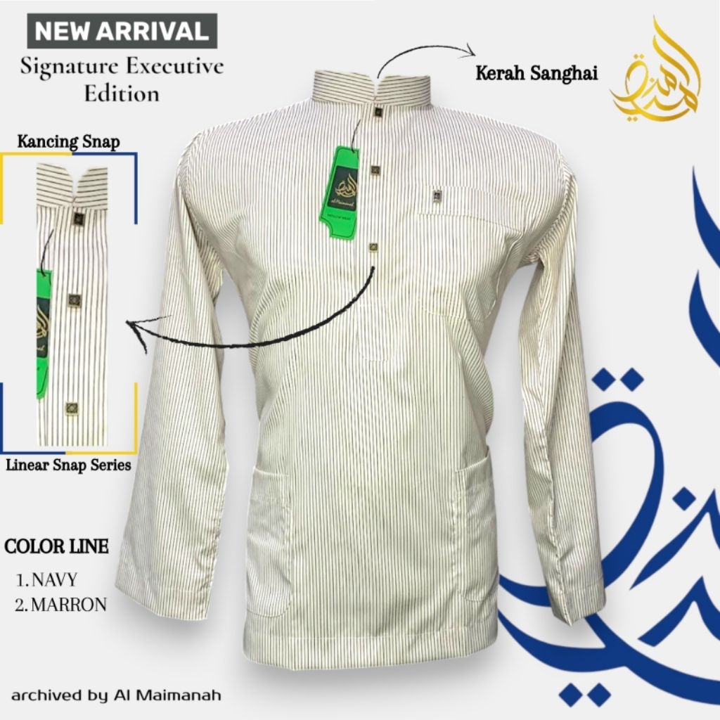 Baju Koko Kurta Pria Modern Kekinian Al Maimanah kancing snap - Kemeja Muslim Stripe Executive Look 