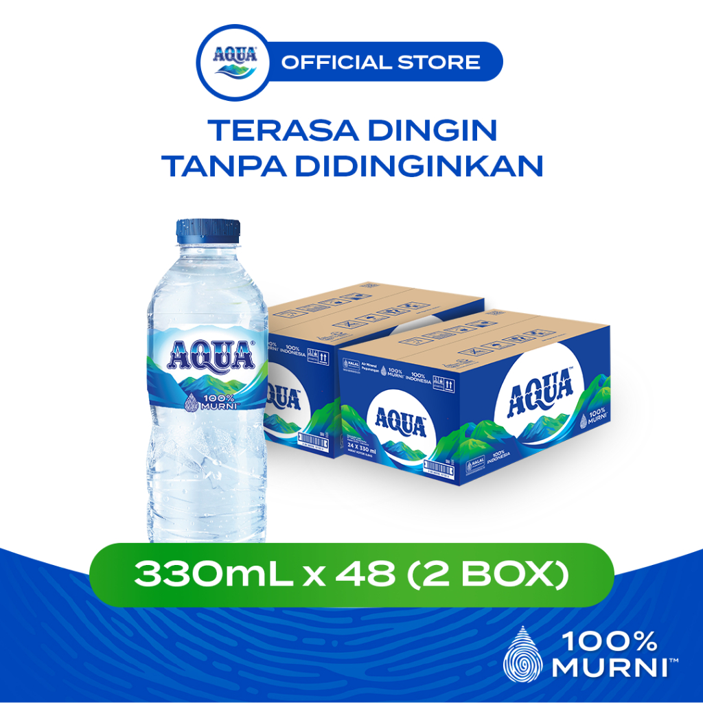 AQUA Air Mineral 330mL x 48 Botol (2 Box), AQUA Botol Kecil, 100% Murni