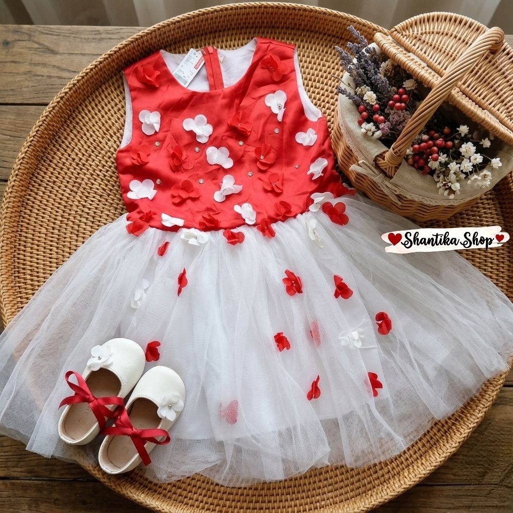 New Tag | Gaun Merah Putih Kelopak Bunga 3D – Dress Merah Putih Anak Perempuan 7-9 Tahun