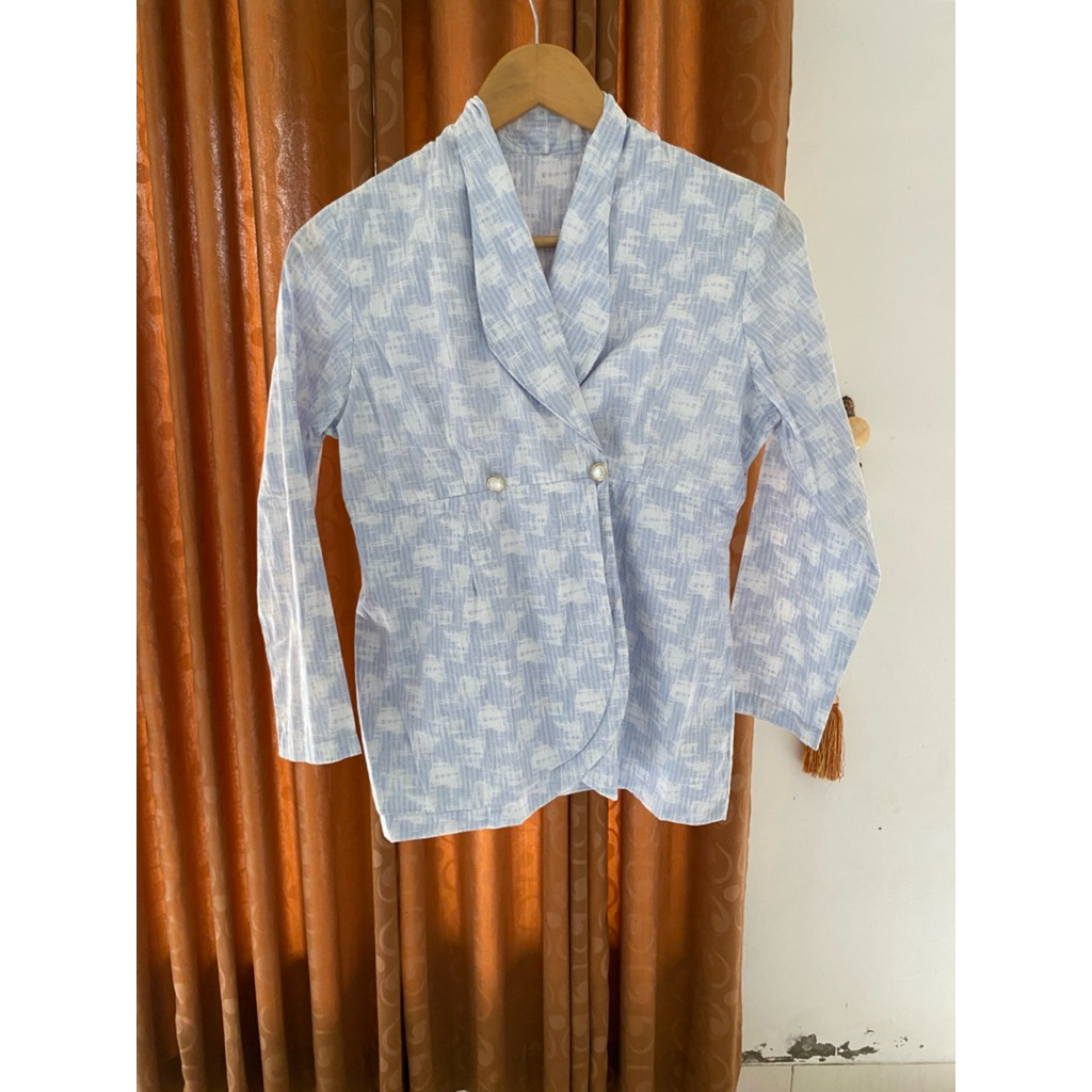 Blazer Outer Wanita Biru Pastel Katun Jepang Custom Handmade Baru