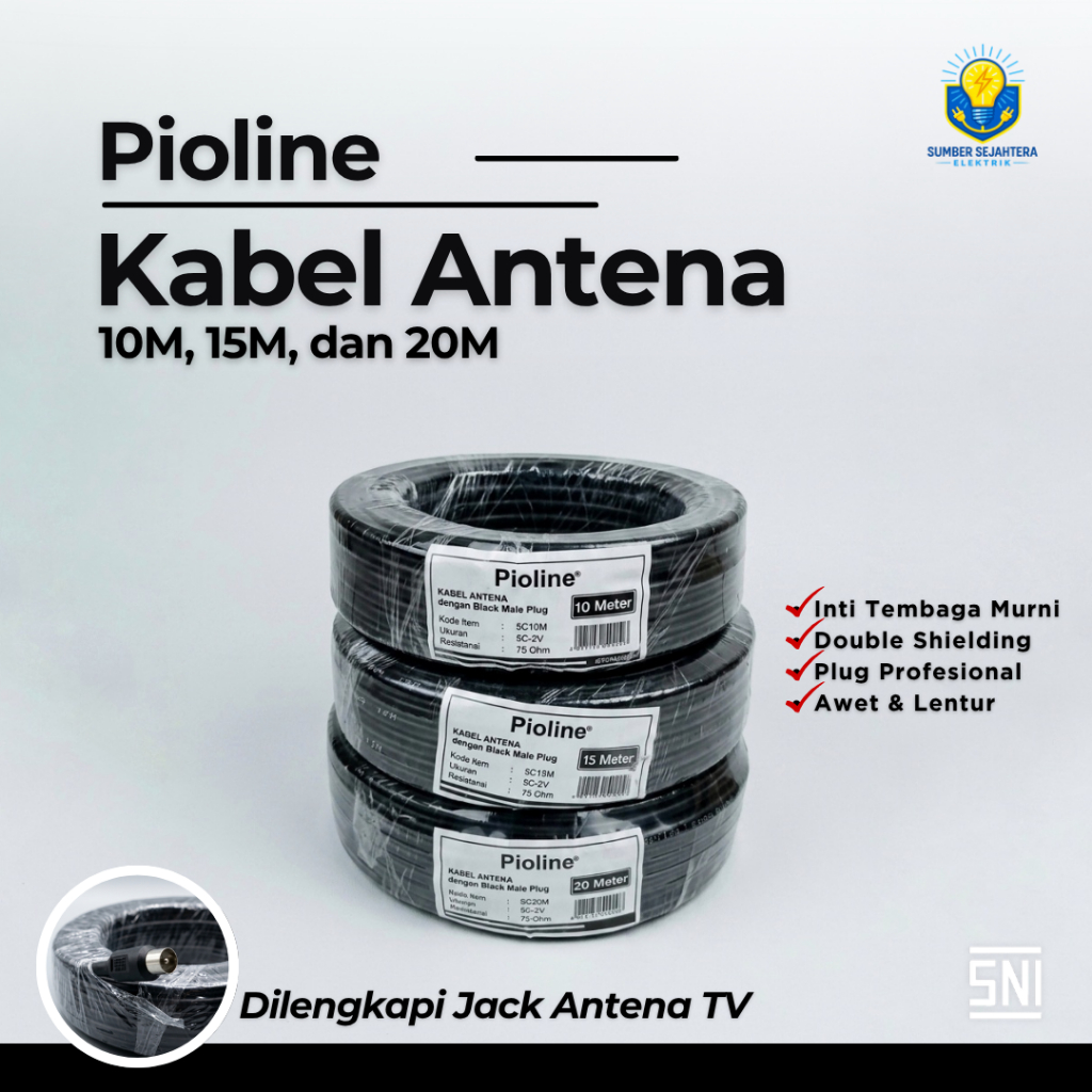 Kabel Antena TV Pioline - Inti Tembaga Murni - Sudah Pasang Jack Antena 10 15 20 Meter