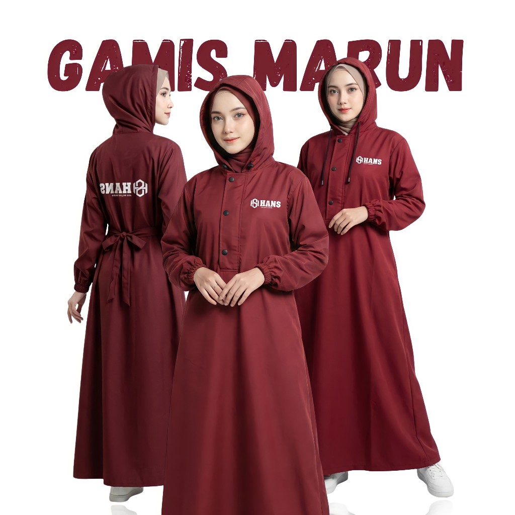 HANS Jas Hujan Gamis Wanita Muslimah Anti Rembes Elastis PVC WATERPROF PREMIUM WARNA MERAH MARUN