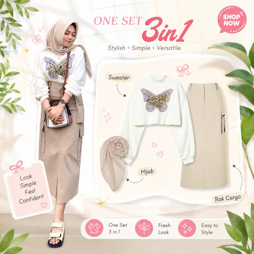 Hijab Look Dress Well One Set Kekinian – Sweater Crop Turtleneck + Rok Cargo + Hijab Korean Style