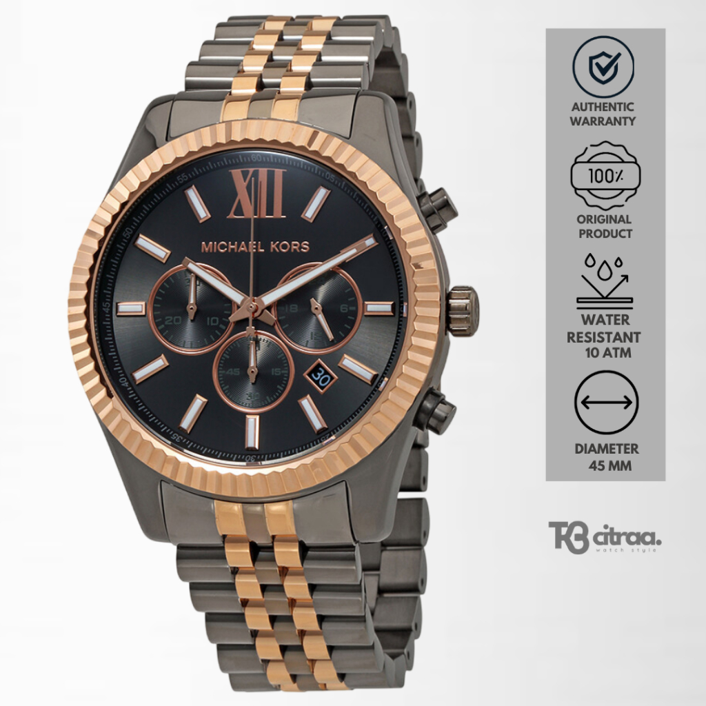 Jam Tangan Pria Michael Kors Lexington Chronograph Men Gray Dial Dual Tone Stainless Steel Strap Mew