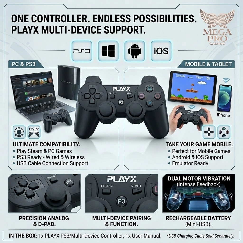 Stick DS3 Stik PS3 PLAY X PLAYX Wireless plus Charger USB 1.5m Support PS3 PC / Android / iOS / Lapt