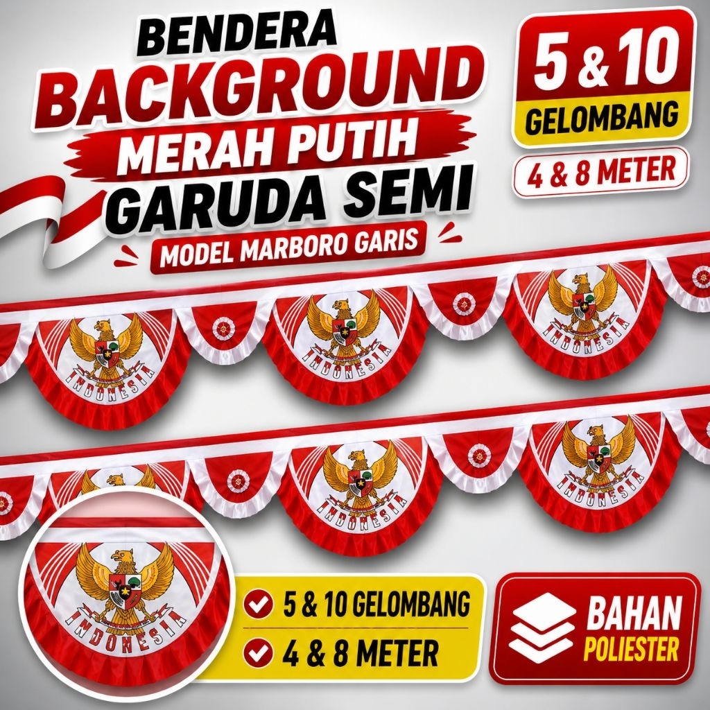 BENDERA - Background Merah Putih Garuda Semi Model Marboro Garis (10 & 5 Gelombang)