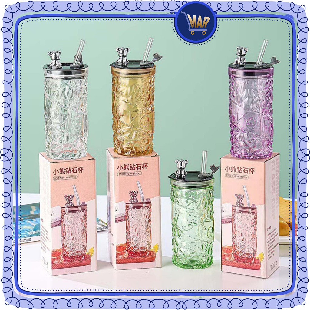 Gelas BEAR TINGGI Kaca Beruang 420ML Botol Air Minum Tumbler Motif Kristal Anti Tumpah Estetik Margo