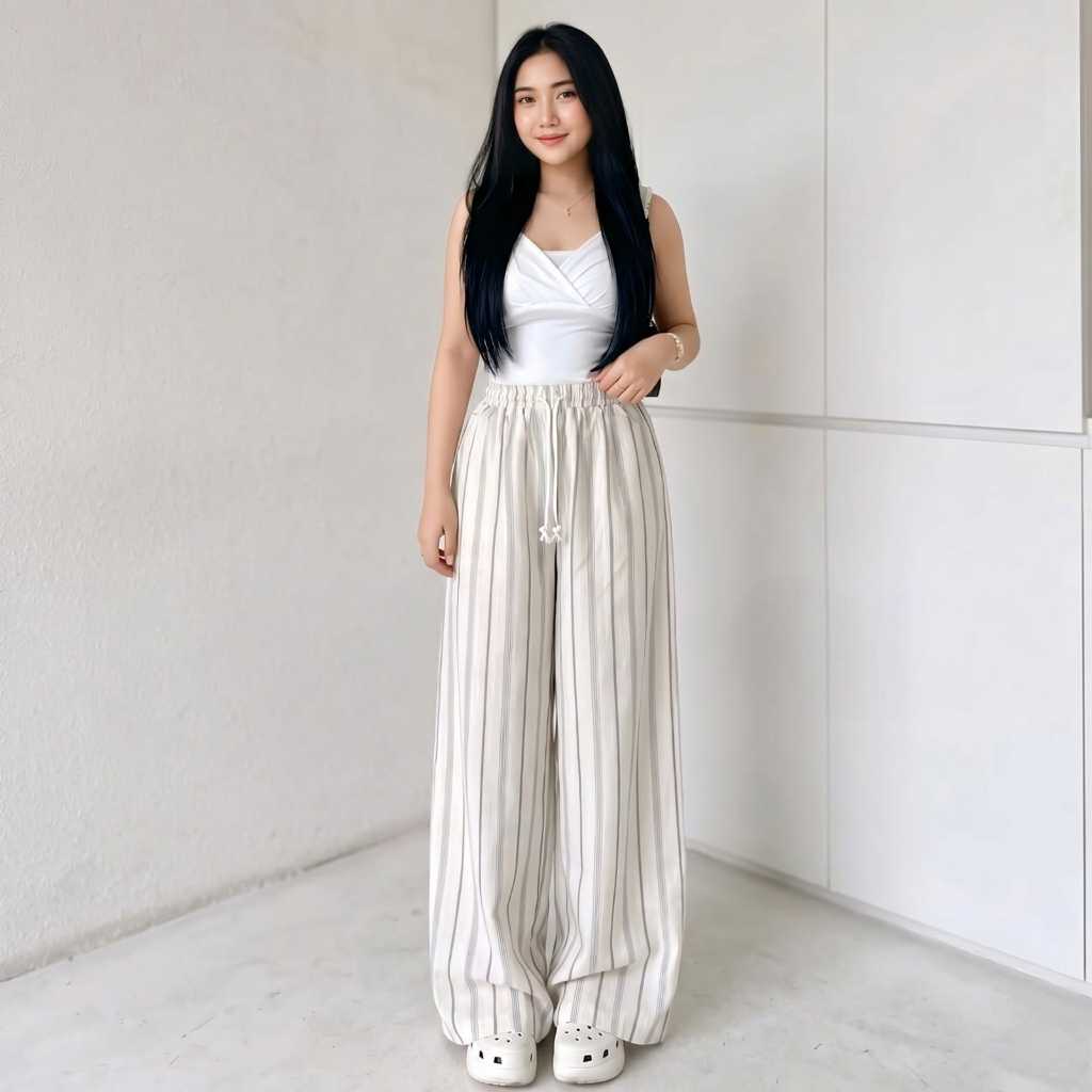 NRF - Everyday Pants | Celana Kulot Wanita Panjang Motif Garis | Highwaist Pants Kantor Kuliah