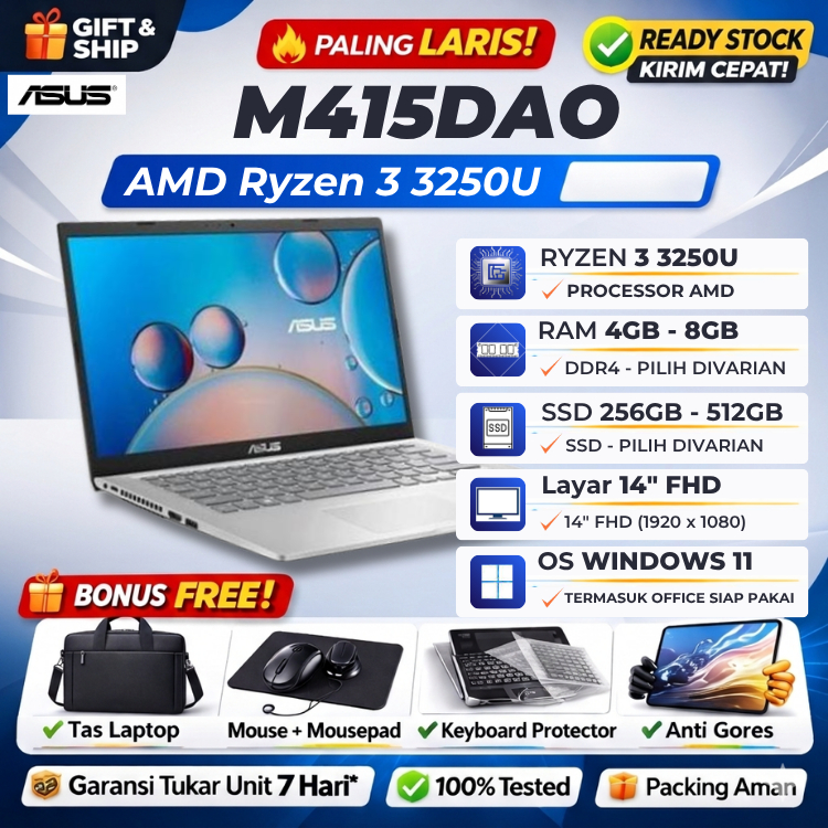 ASUS M415DAO RYZEN 3 3250U 8GB 512GB SSD Win11+Office 14"FHD