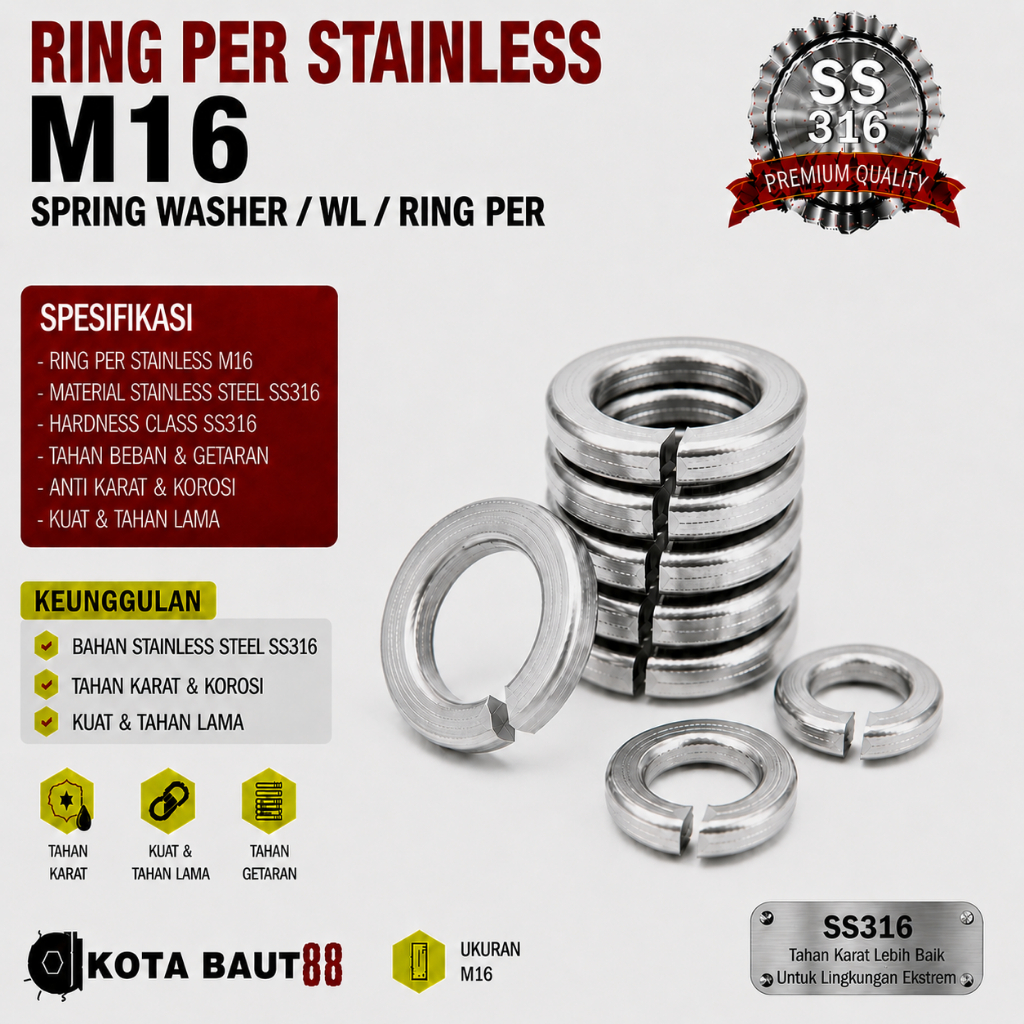 SS316 Ring Per M16 / Spring Washer M16 / WL M16 / Ring Per Stainless M16