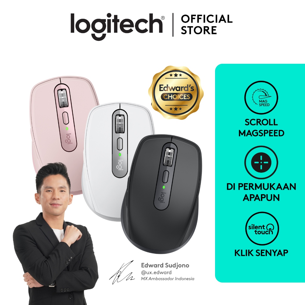 Logitech MX Anywhere 3S Mouse Wireless Silent Bluetooth Performance Compact, Scrolling Cepat, Penelu