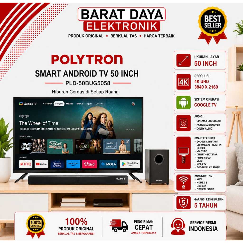 LED POLYTRON 50 Inch PLD 50BUG5058 Smart Android Cinemax Soundbar POLYTRON LED TV + SOUNDBAR