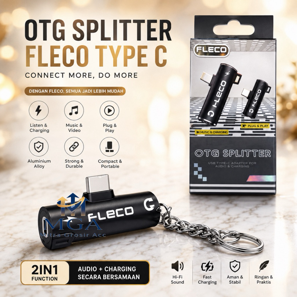 MGA - Fleco Spc-09 Splitter 2in1 TypeC Android Charging & Audio Jack 3.5mm Music Headset For Hp Op|V
