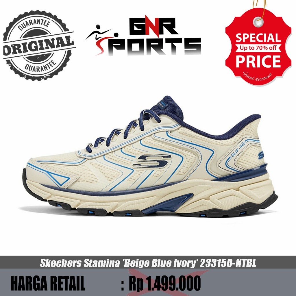 Sepatu Skechers Stamina 'Beige Blue Ivory' 233150-NTBL Original 100%
