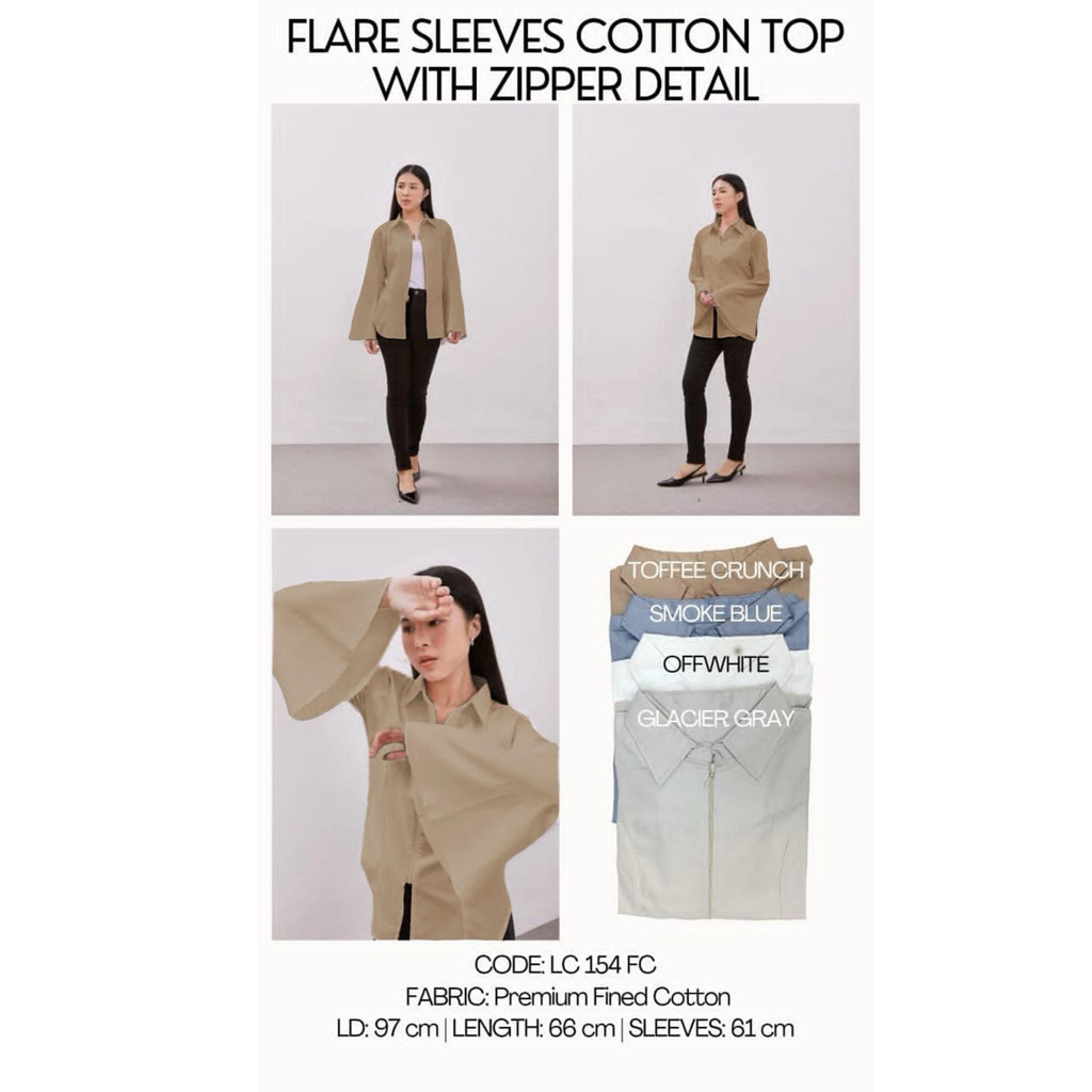 Flare sleeves cotton top with zipper