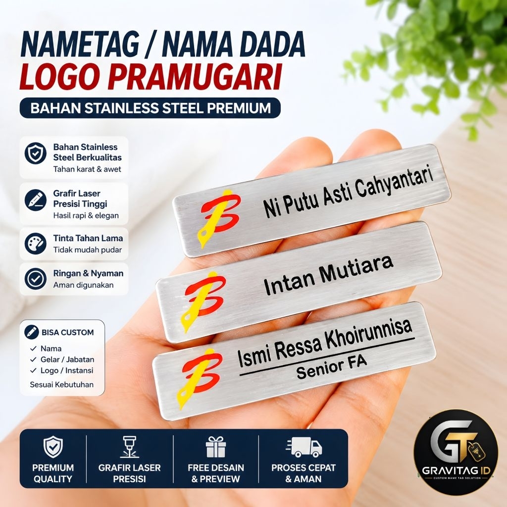 Nametag Stainless Pramugari Batik Air Custom | Nama Dada Flight Attendant Magnet Peniti