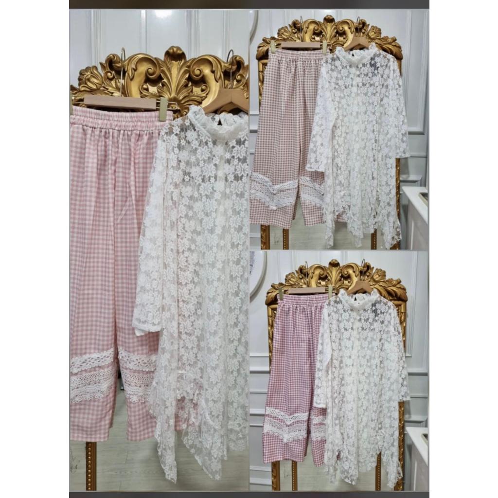 Meijiwang Set Celana motif Tartan Cantik & Outer Lace (31683)
