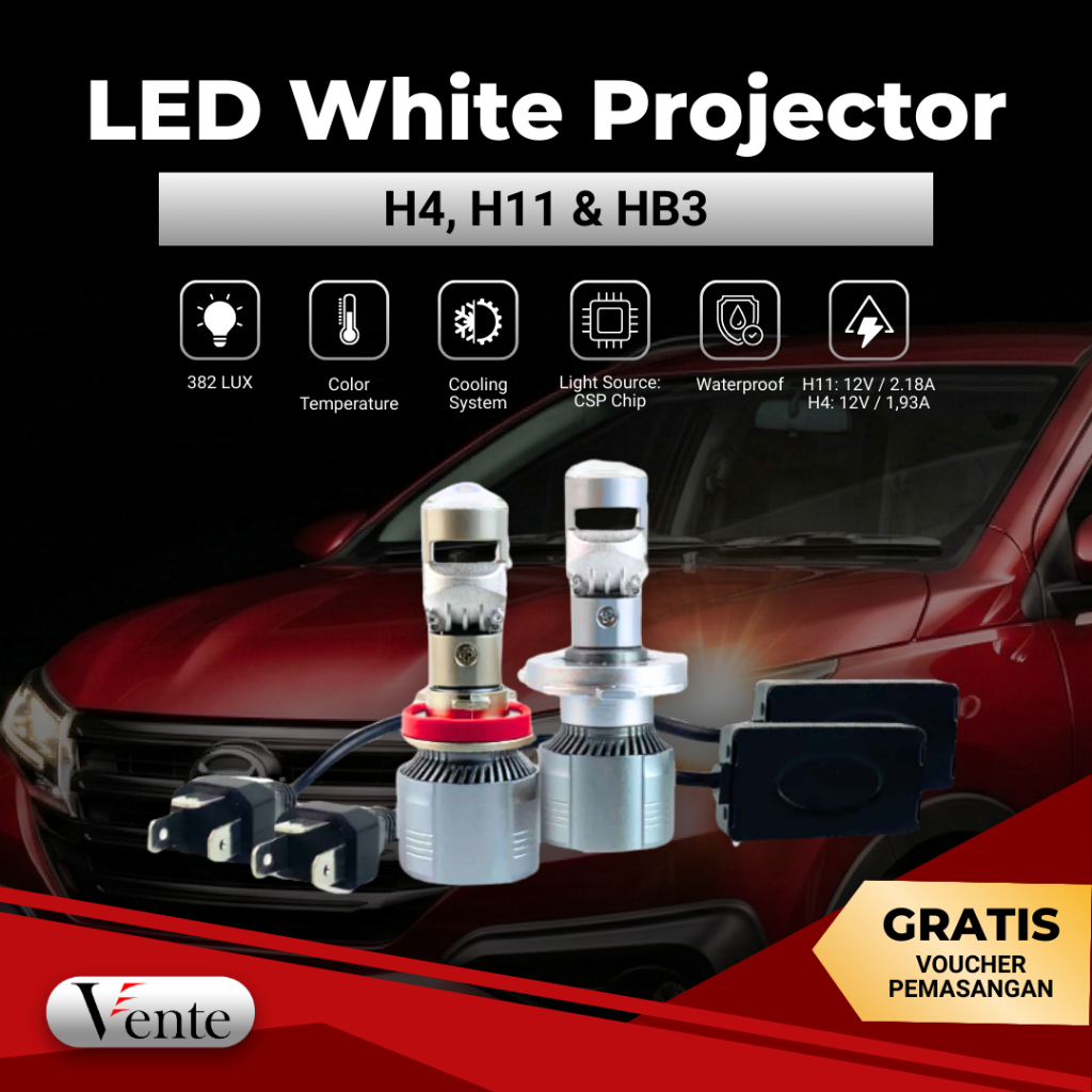 VENTE Lampu Mobil LED White Projector H4 H11 Terang Fokus Jernih Waterproof CSP Chip