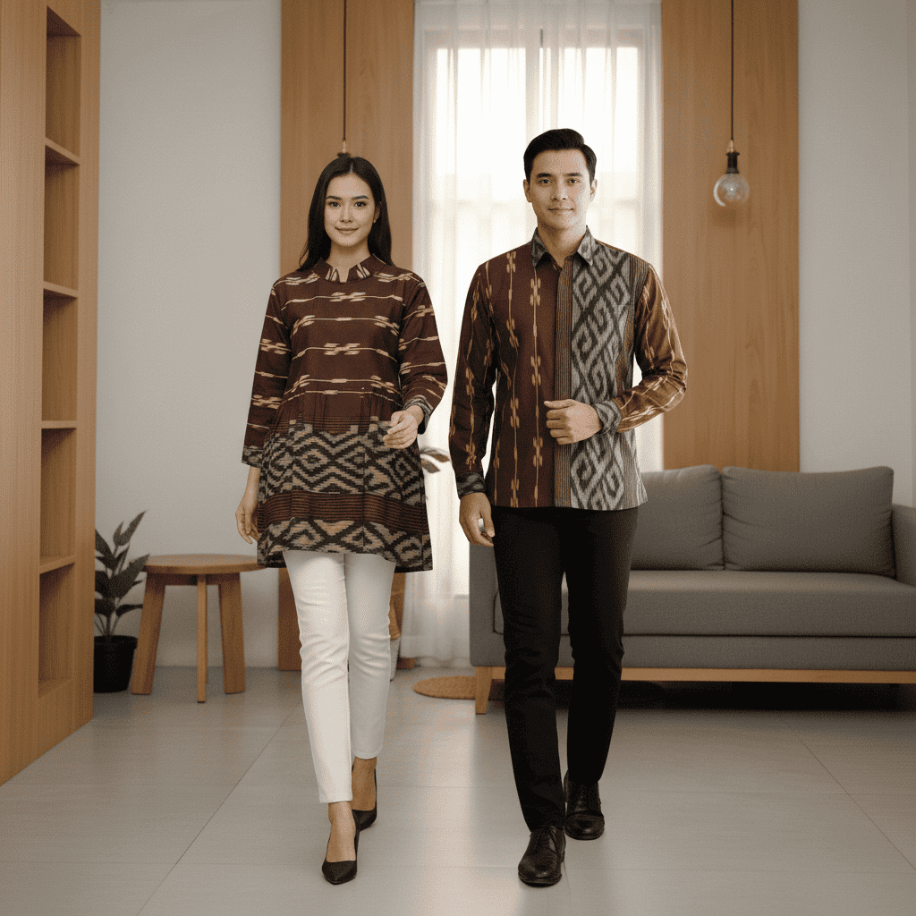 Batik Sarimbit Couple Dewasa Pria - Wanita Motif Songket Coklat I One Set Kondangan I Batik Songket 