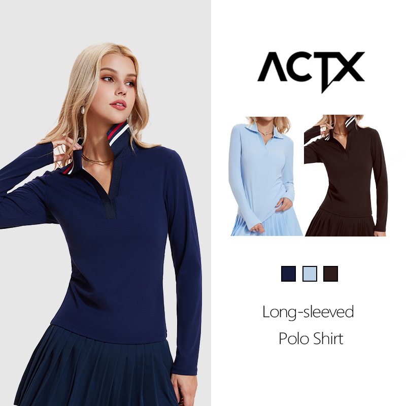 [ACTX] Baju Kerah Wanita Lengan Panjang Polos - Kaos Olahraga Kerah V-Neck Sporty Elegan Premium