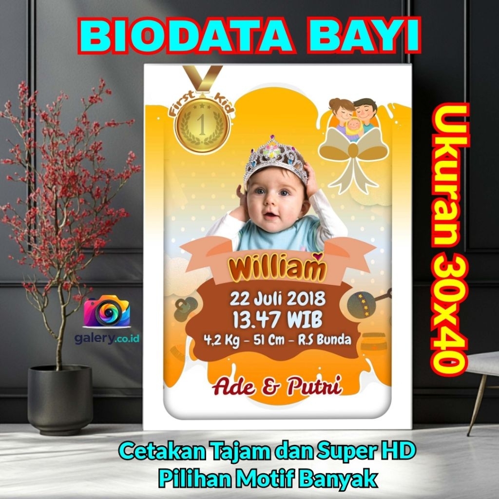 Biodata Bayi Plus Bingkai 30x40/Cetak Biodata Bayi Bingkai Kayu MDF Premium