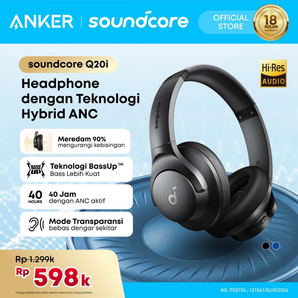 Soundcore by Anker Q20i Bluetooth Headphones with Mic Hi-Res Hybrid ANC Headset with Noise Cancellin