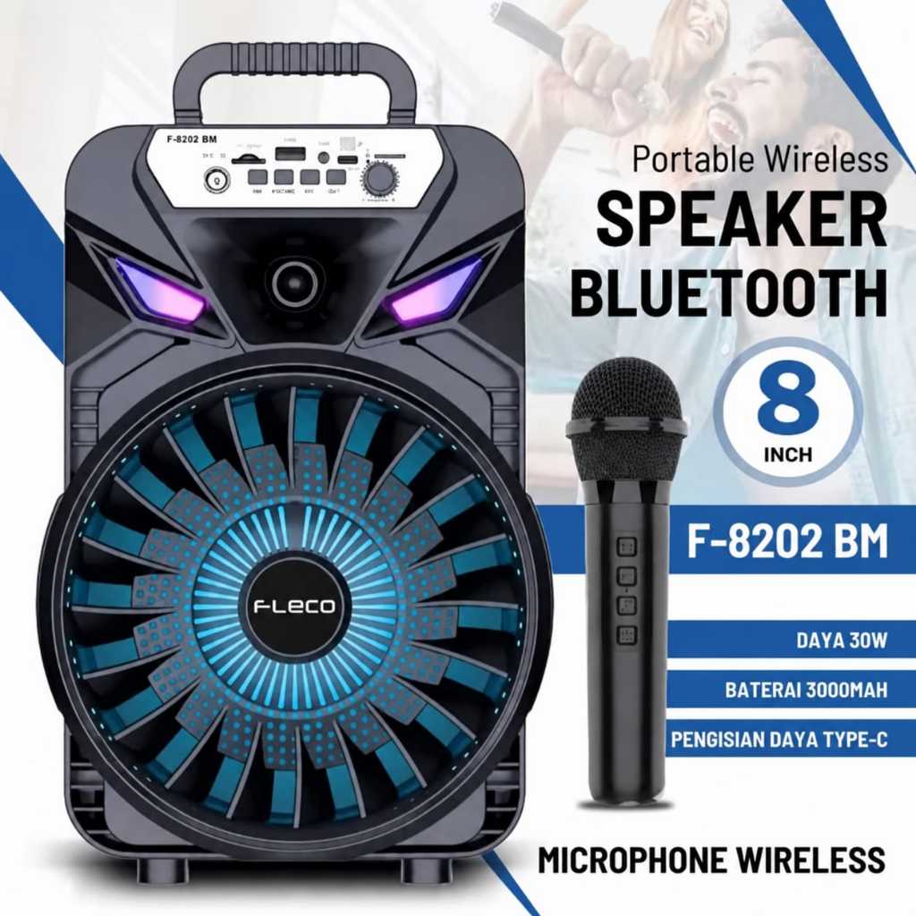Speaker Aktif Bluetooth Full Bass 8 inch FLECO F-8202 BM + MIC TANPA KABEL + REMOT + CHARGER USB Sal