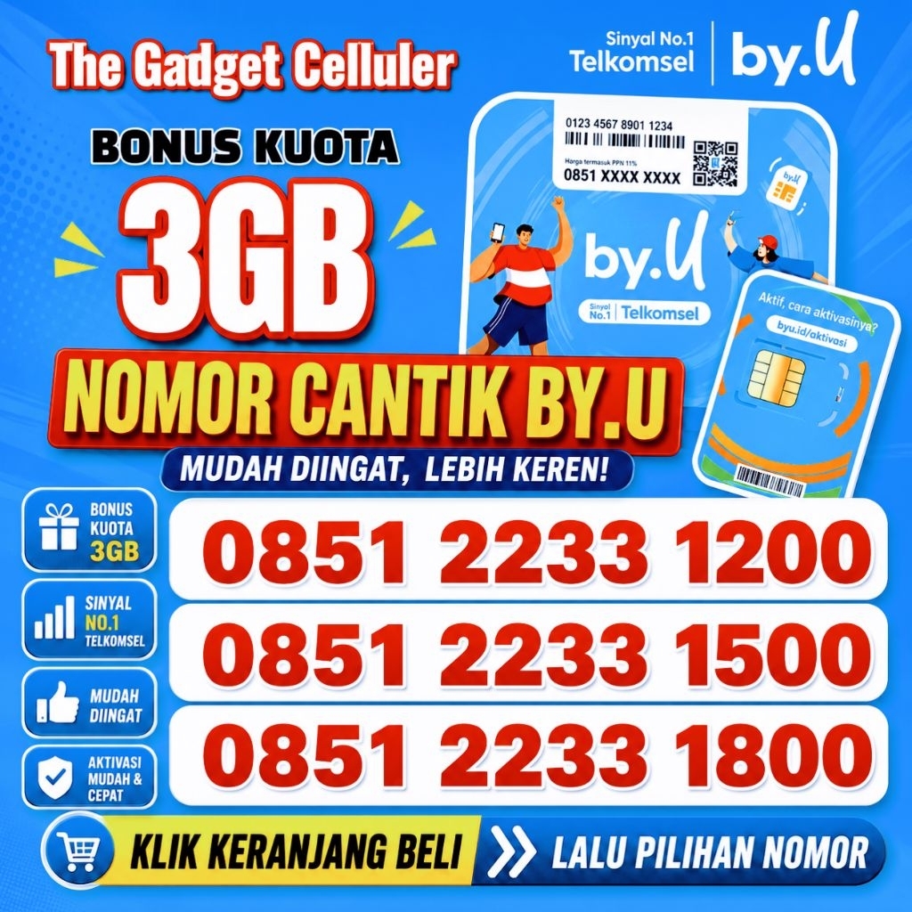 Nomor Cantik Telkomsel By.U Kartu Byu Aktif Selamanya Seri 8800 4G/5G | Kuota 3GB (100)