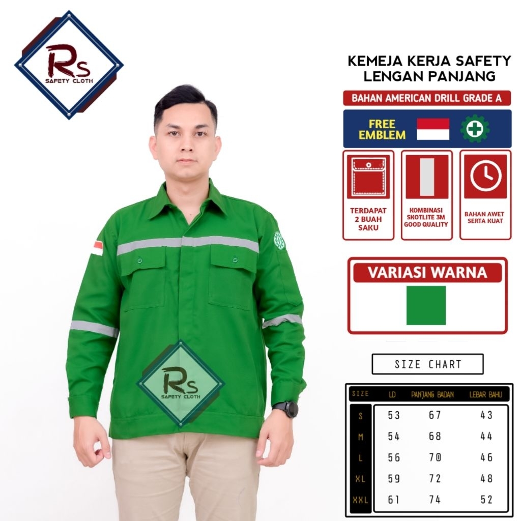 Rs safety cloth - baju kerja proyek safety first warna hijau bahan drill