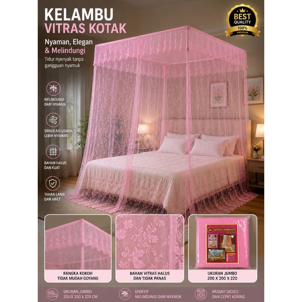 KELAMBU KOTAK GANTUNG VITRAS TEBAL UKURAN JUMBO 200x200 /KELAMBU KAMAR TIDUR,KELAMBU BUNGA SB TEBAL 