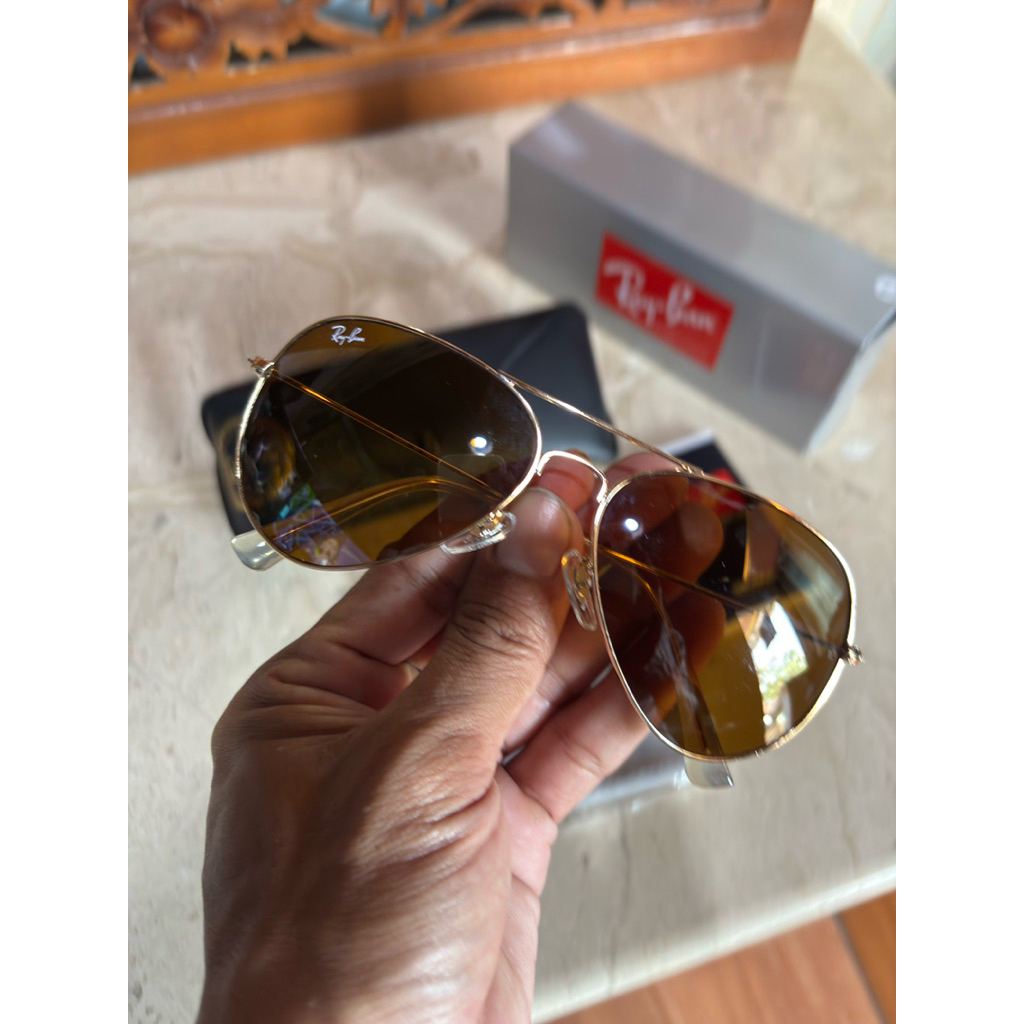 kacamata klasik ray-ban aviator rosegold kaca coklat sz 62