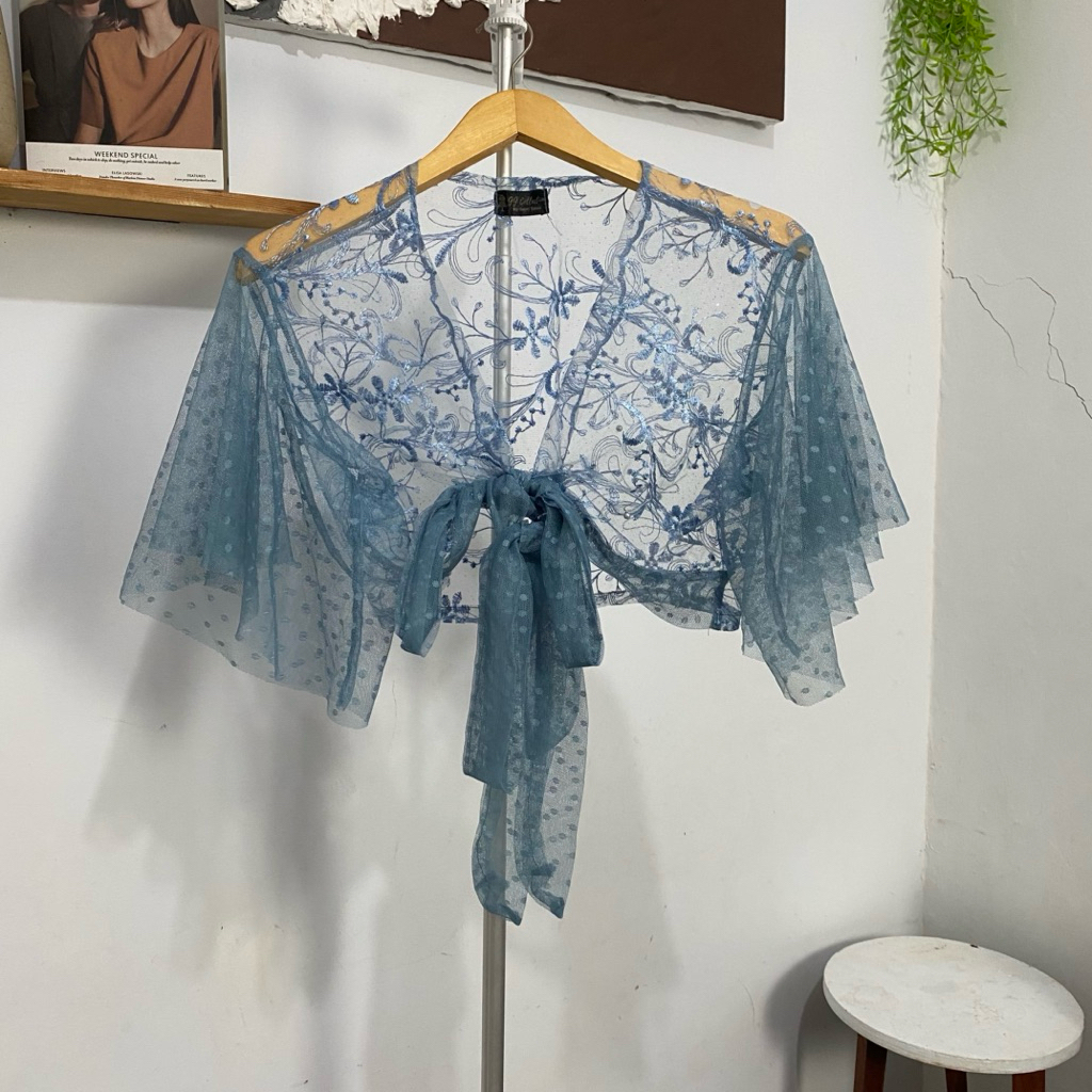 prelove atasan outer cardigan brukat biru denim crop tali panjang kece