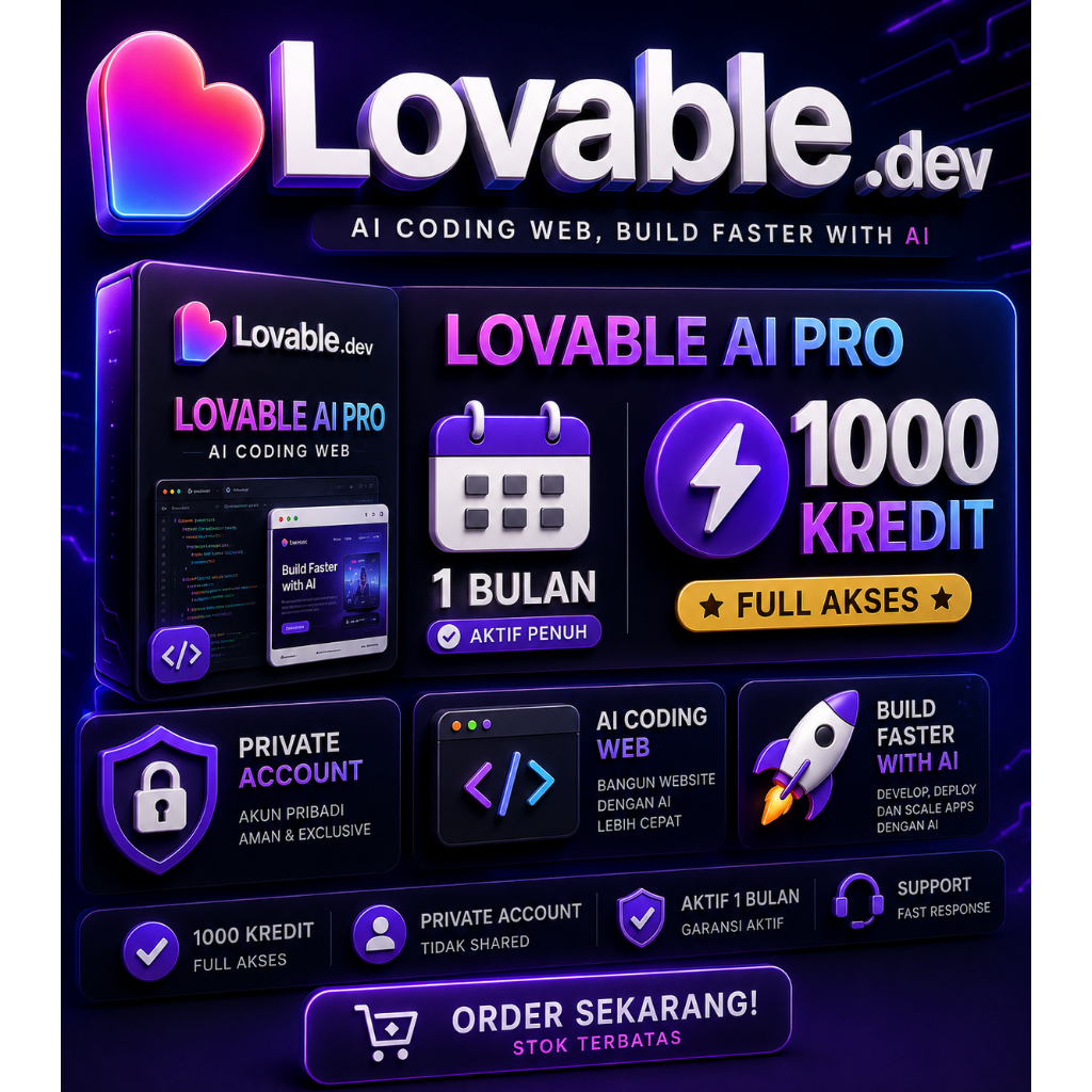 Lovable AI Pro 1 Bulan 1000 Kredit | Private Account | AI Coding Web Premium | Fast Process