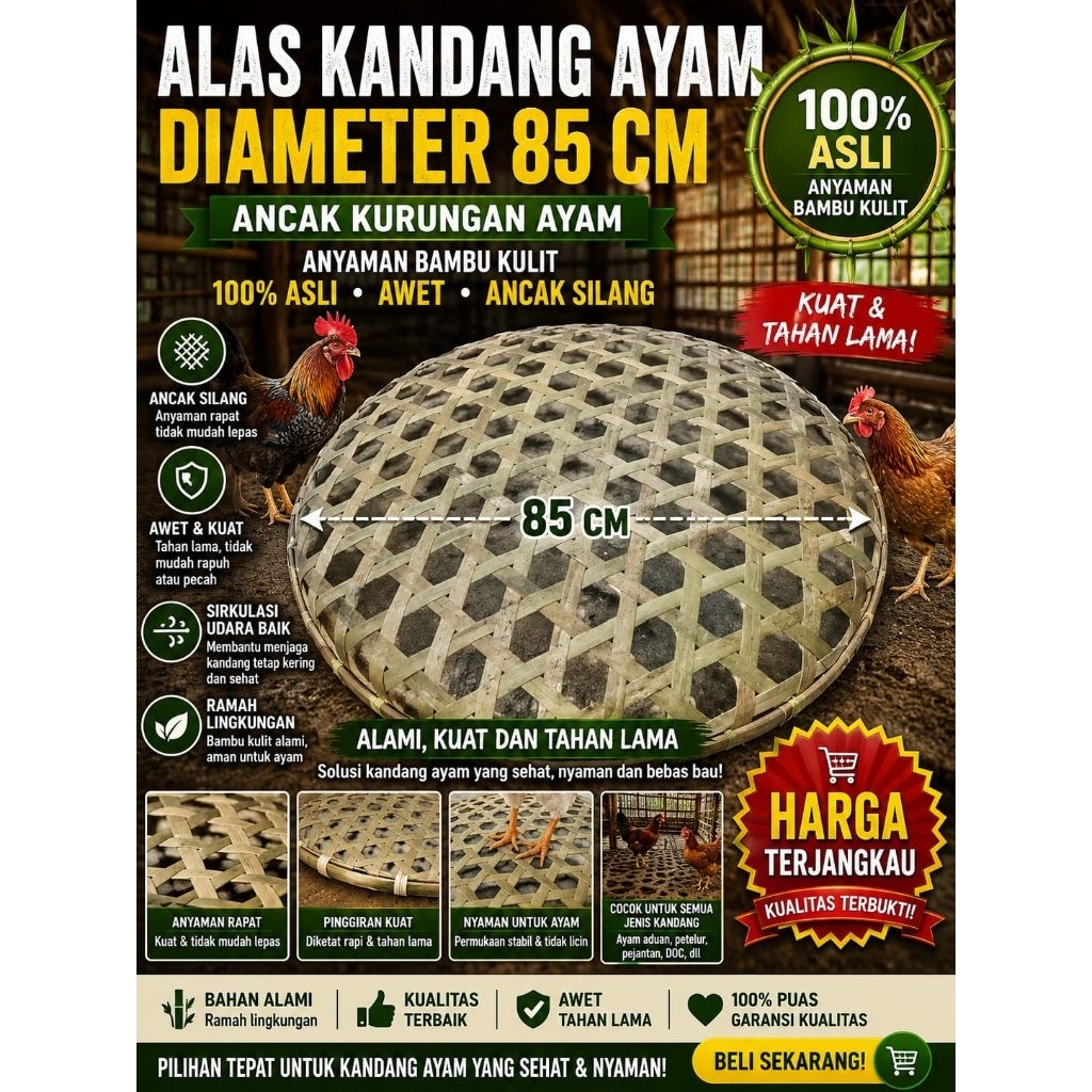 ALAS KANDANG AYAM Diameter 85 Cm ANCAK KURUNGAN AYAM ANYAMAN BAMBU KULIT 100% Asli Awet Ancak Silang